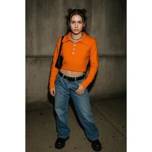 Sandro Menton Knit Wool Cashmere Orange Polo Sweater Jumper Rhinestone Small